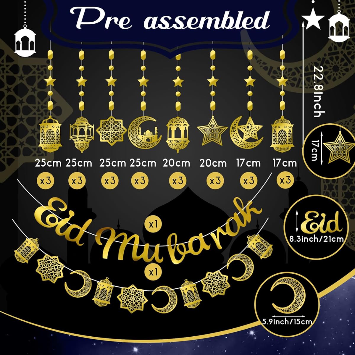 Panelee Ramadan Garland Eid Decoration Streamer Ramadan Mubarak Party Banner Star Moon Lantern Streamer Backdrop Glowing Wall Hanging Decoration Muslim Home Party Decor (Stylish)