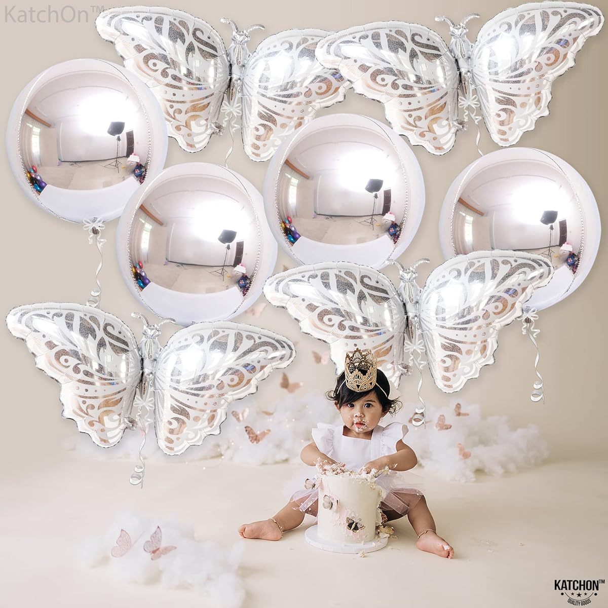 Butterfly, 4D round foil balloon, silver