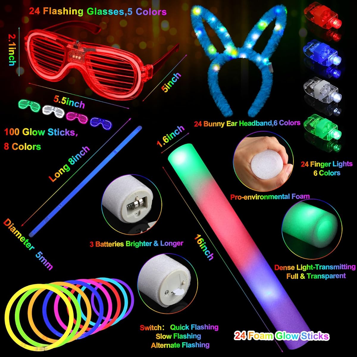 Ceenna Glow in the Dark Party Supplies - 196pcs Glow Sticks, 100pcs 16" Foam Glow Sticks, 24pcs Bunny Ear Headbands, 24pcs LED Glasses, 24pcs Finger Lights, Neon Light Up for Halloween, Birthday, Disco Party