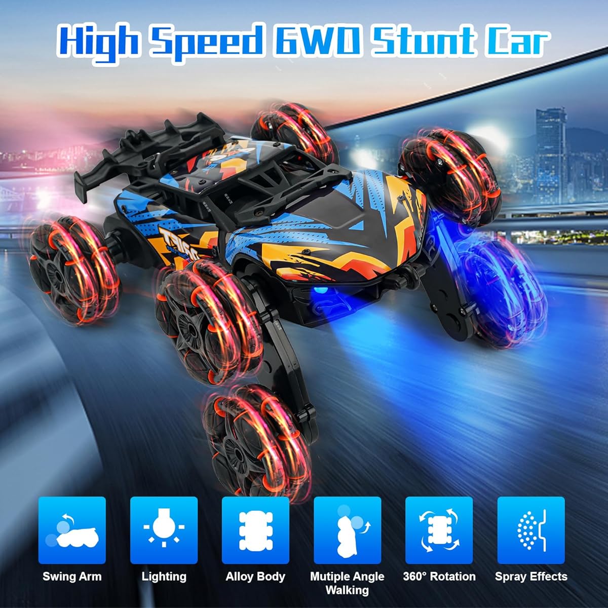 Kannino Remote Control Car 2.4GHz 6WD RC Stunt Car with Gesture Sensing 360 Degree Rotation Electric Car with Lights & Spray Mist 1:24 Remote Control Truck Remote Control Drift Car Toy Gift for Kids