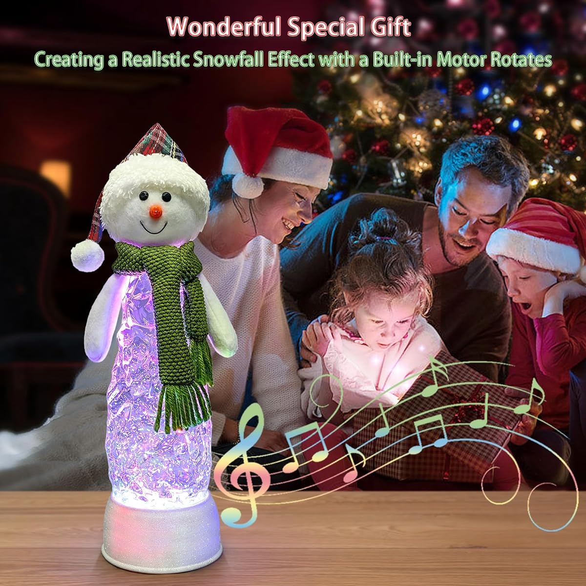 Musical Snowman with Knitted Green Scarf Water Light Lantern 6 Hour Timer USB Battery Powered Snow Globe Home Christmas Decoration
