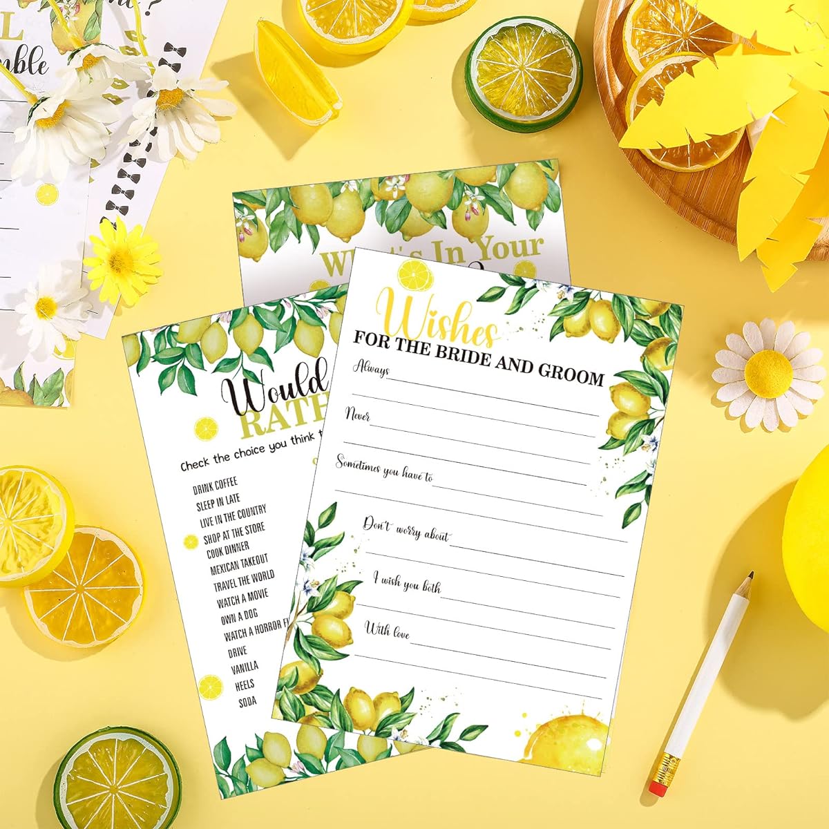 220 Piece Lemon Bridal Shower Game Bridal Shower Favors Wedding Shower Game Set with Wedding Cards and Pencils for Bride and Groom Bachelorette Party Wedding Shower Party Favors