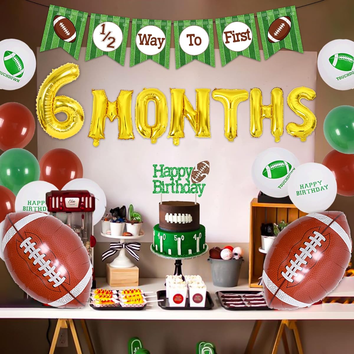 Football Half Birthday Decorations - Football 6 Month Birthday Party 1/2 Year Old Birthday Football Decoration Banner Green Coffee Balloons Happy Birthday Cake Topper 6 Month Foil Balloons for Boy's Birthday