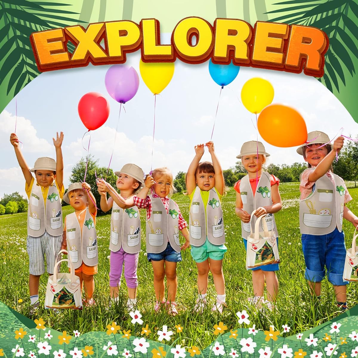 Newcotte 72 Kids Explorer Costume Toys, 24 Kids Explorer Vests, 24 Kids Party Plastic Explorer Hats, Tote Bags for Kids, Jungle Party Tent Style Tote Bag