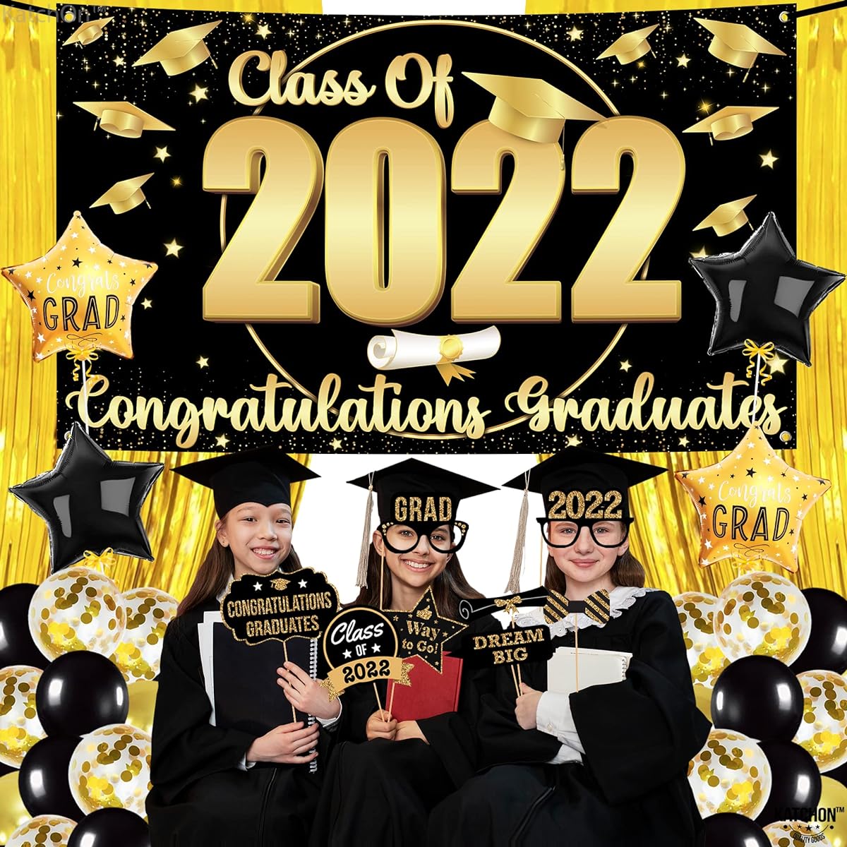 Giant Graduation Party Decorations 2022 - 53 Pack | Graduation Photo Booth Props 2022, Gold Foil Fringe | Class of 2022, Banner, Class of 2022 Decorations | Black and Gold Graduation Decorations 2022