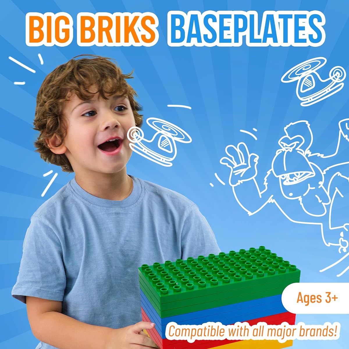 Strictly Briks Classic Large Brick Baseplate Premium 19.05x9.52cm, 12x6 Peg Baseplate, Large Brick Building with Large Bricks and 12 Stackable Baseplates - Set of 12 - Blue, Green, Red, Yellow