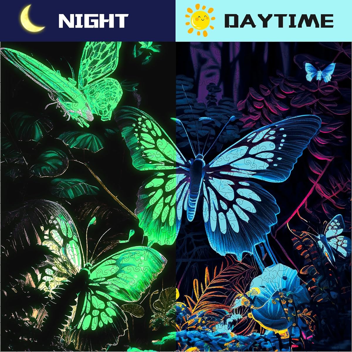 Mys Aurora Wooden Puzzle Butterfly Wooden Jigsaw Puzzle Glow in the Dark 500 Piece Uniquely Shaped Wooden Puzzle for Adults and Kids 16.5 x 16.5 inches