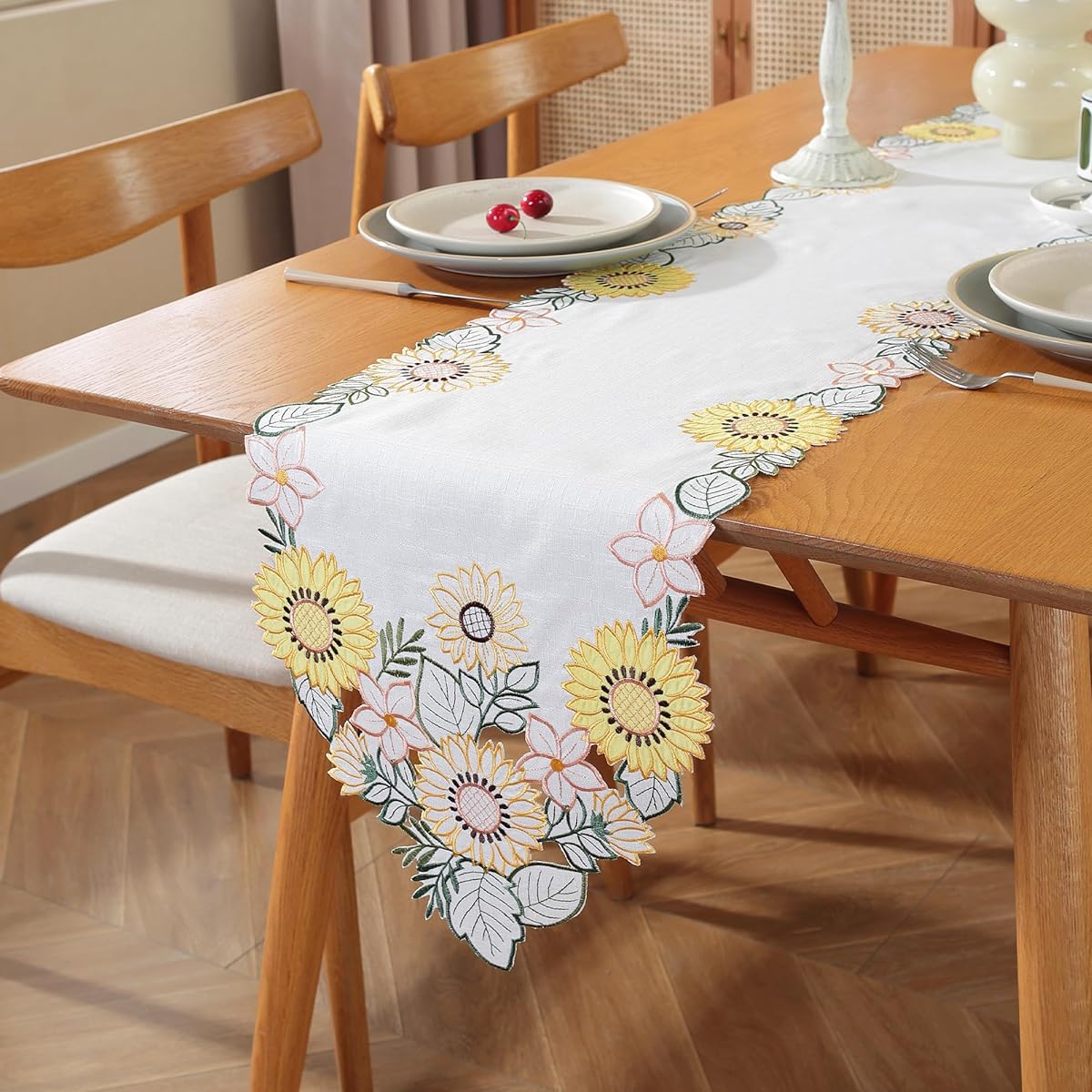 Tseidigs Embroidered Sunflower Table Runner 72" Long Hollowed Out Spring Kitchen Decor Summer Dining Table Decorations for Home