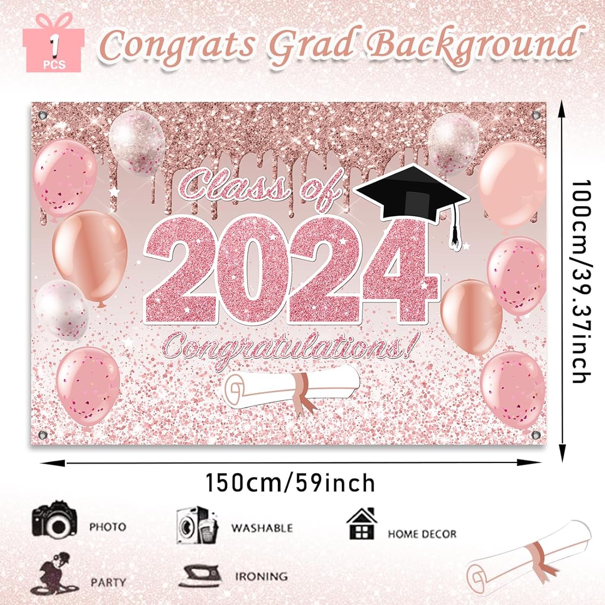 2023 Graduation Backdrop Pink and Rose Gold Graduation Party Background Decorations Banner Supplies Photo Booth Props