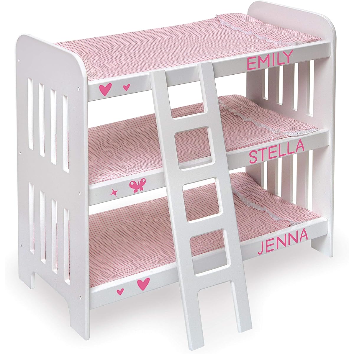 Badger Basket Toy Doll Triple Doll Bunk Bed with Ladder, Bedding and Personalization Kit for 20" Dolls - Pink Gingham
