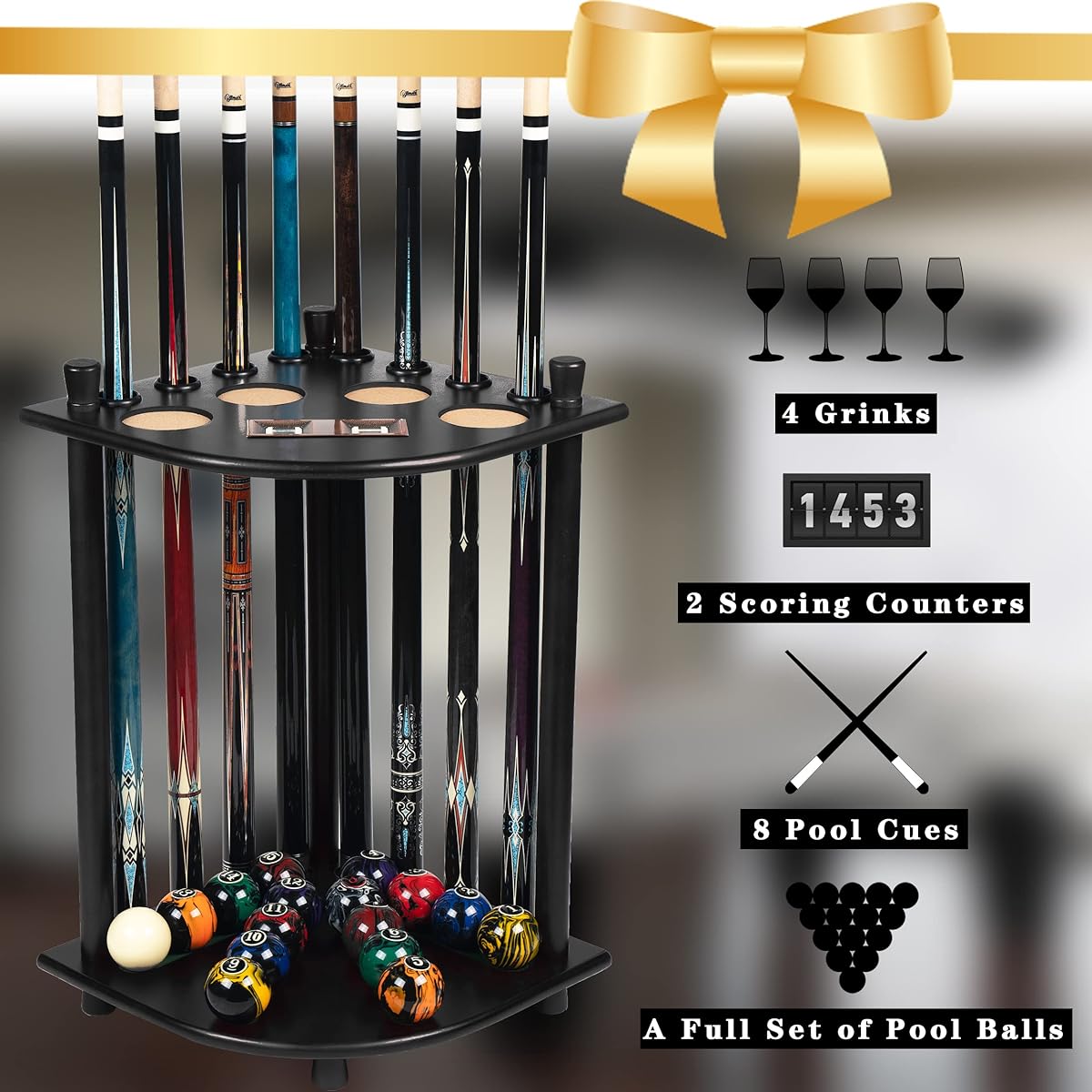 Billmart Pool Stick Holder Floor Stand Solid Wood Billiard Pool Cue Rack Pool Table Accessories (Black)