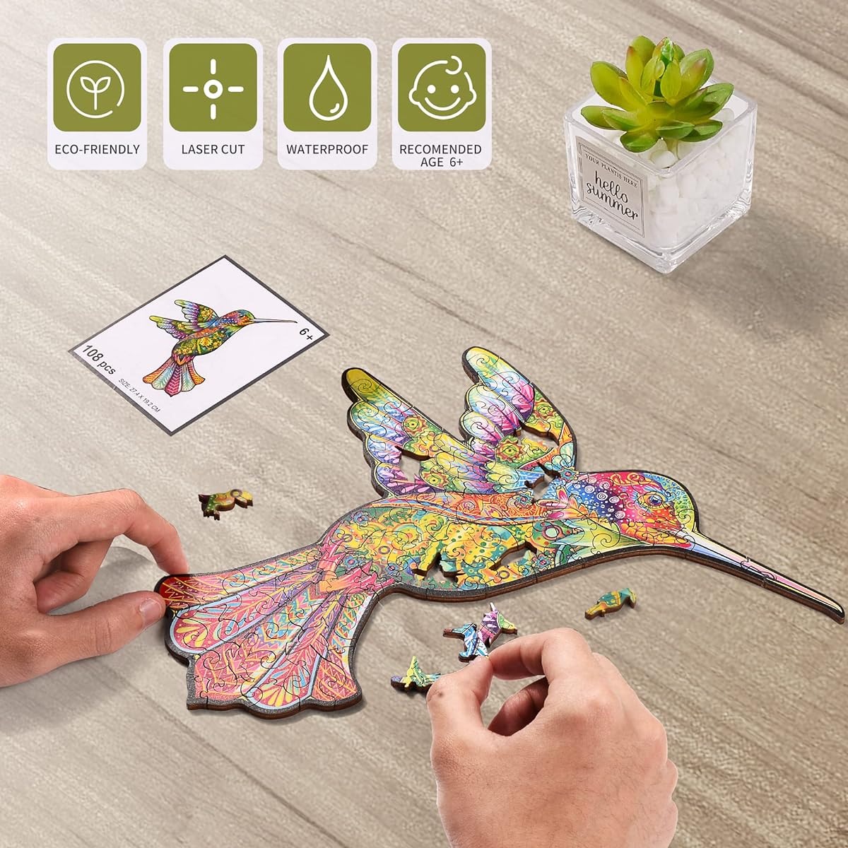 Hummingbird Wooden Puzzle for Adults 108 Piece Animal Unique Shape Wooden Jigsaw Puzzle for Adults 7.55 x 1.78 Inch Great Gift for Adults