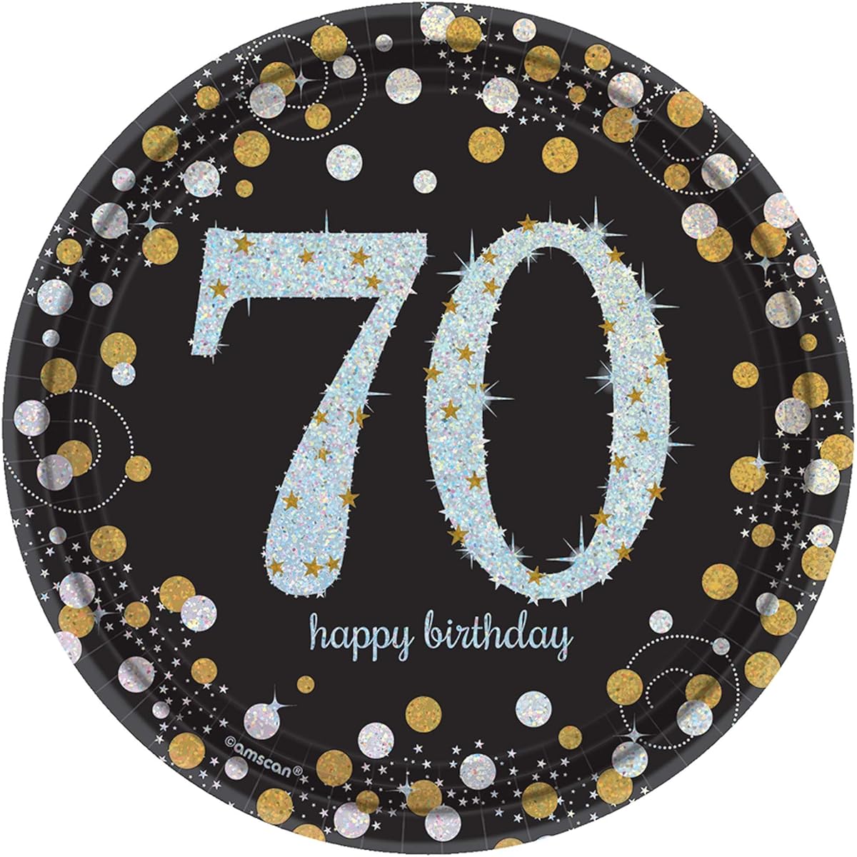 Sparkling Celebration "70" Round Prism Plates 7" (Pack of 8) - Black, Silver & Gold Birthday Party Plates Perfect for Any Memorable Occasion or Event