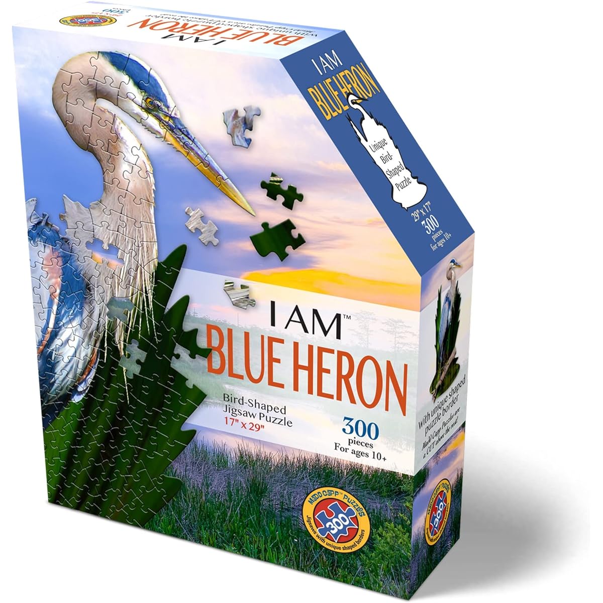Madd Capp Blue Heron 300 Piece Jigsaw Puzzle for Ages 10+ - 6021 - Uniquely Shaped Border Challenging Random Cuts Deluxe 5-sided Tamper-Proof Box Includes Educational Madd Cap Fun Facts