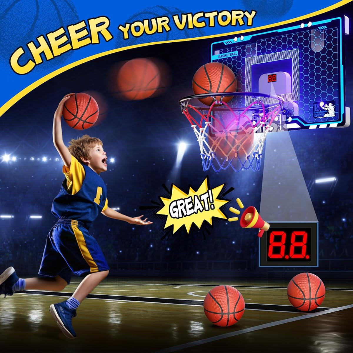 HopeRock Indoor Mini Basketball Hoop for Kids, Over the Door Basketball Hoop, LED Lighted Mini Hoop with Scoreboard & 3 Balls, Basketball Toy Gift for 5 6 7 8 9 10 11 12 Year Old Boys/Girls
