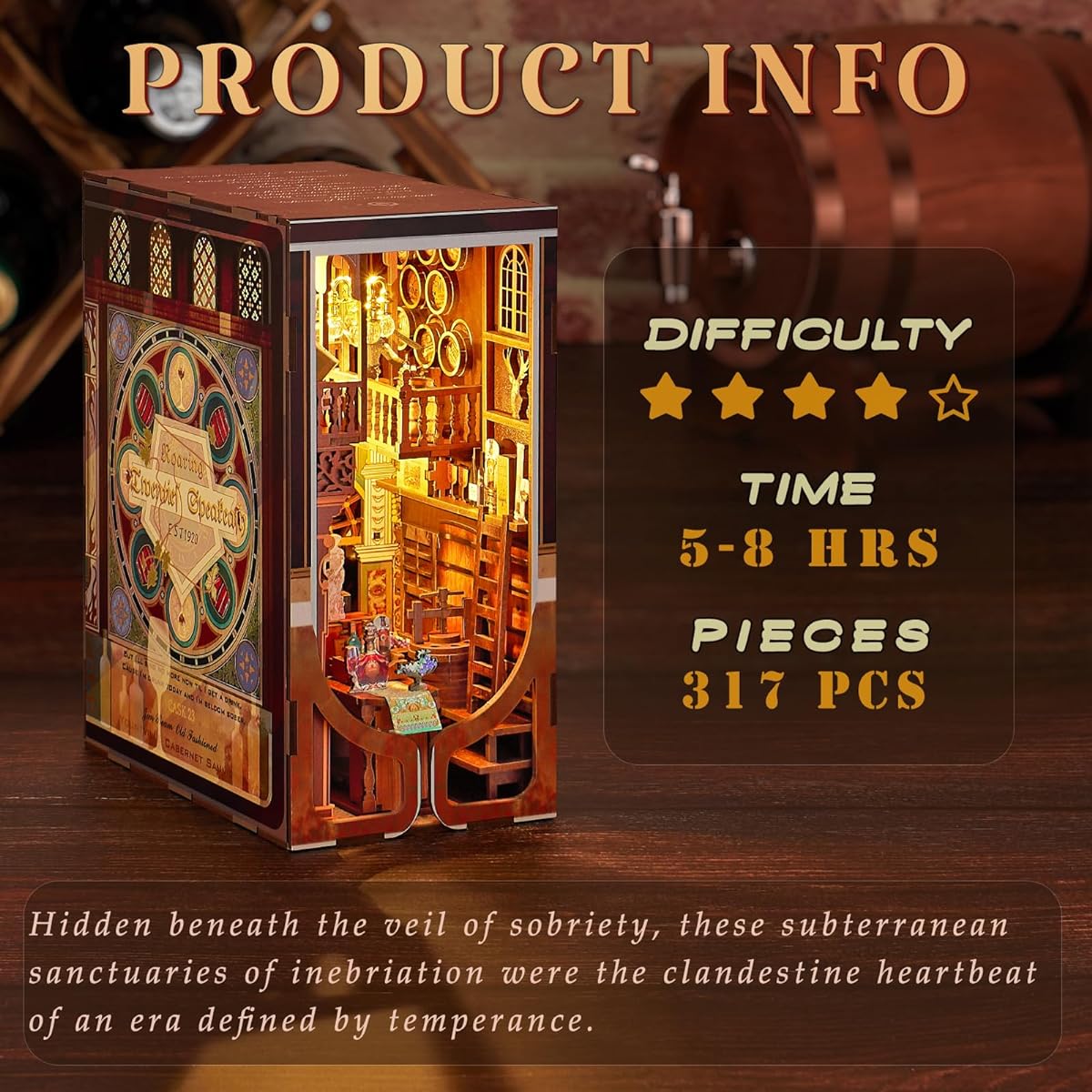 Minicity Book Nook Kit DIY Miniature Dollhouse Book Nook Kit 3D Wooden Puzzle Bookends Bookshelf Insert Decoration with LED Lights for Teens and Adults (Roaring 20s)
