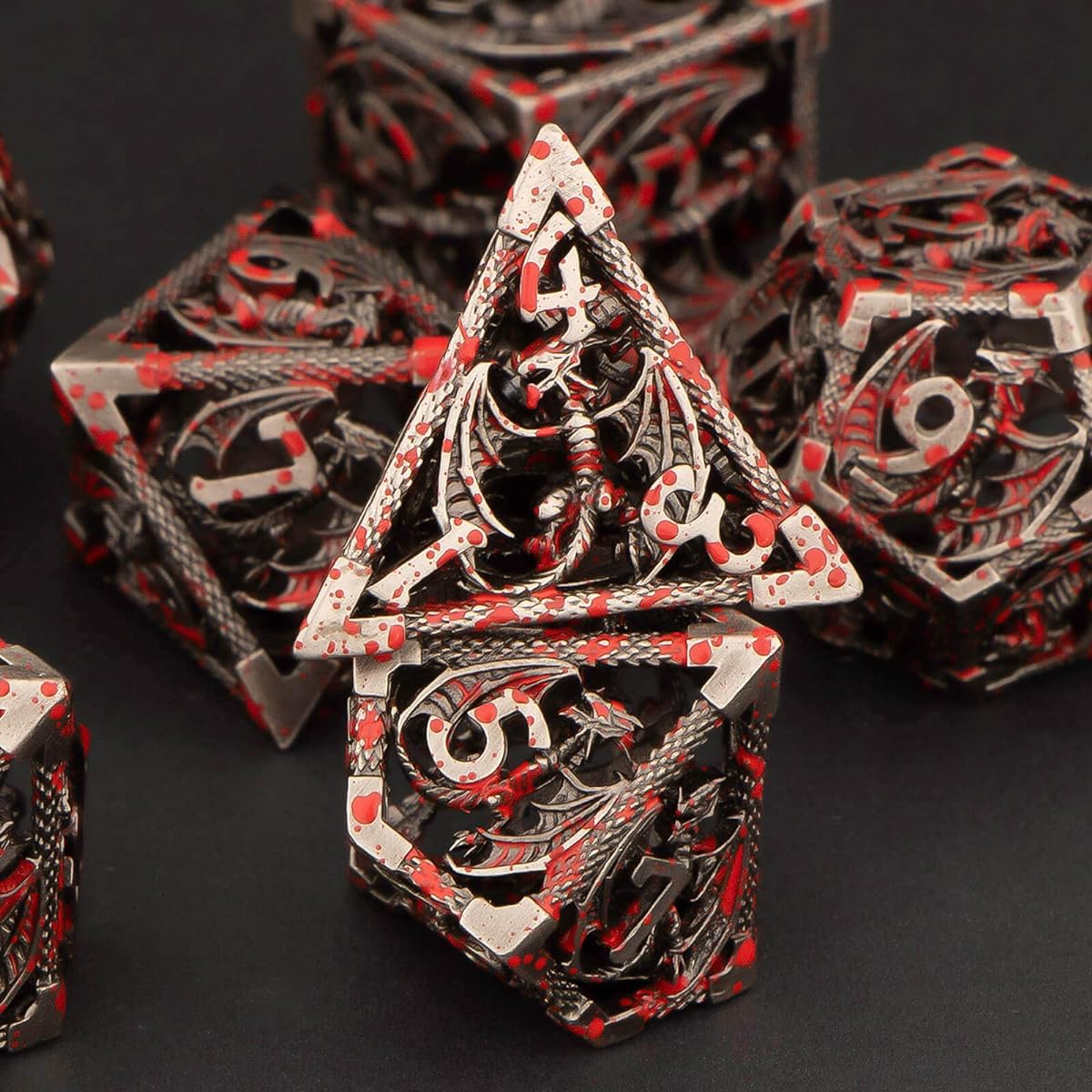 KERWELLSI Hollow DND Metal Dice Set with Box 7 Pieces Blood Spudder Dungeons & Dragons Polyhedral D&D Dice Set D and D RPG Role Playing Game Dice D20 D12 D10 D% D8 D6 D4