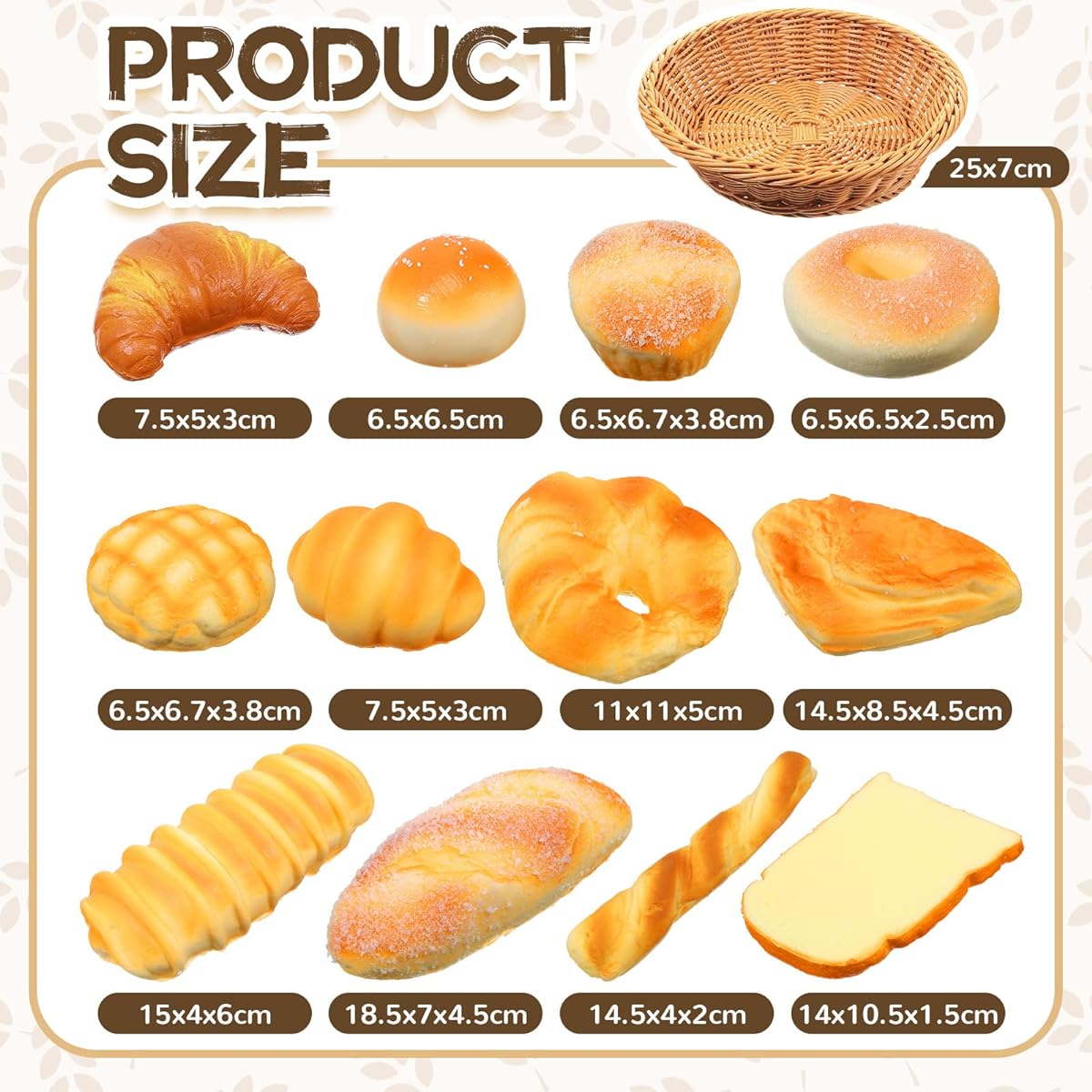 13 Pieces Rattan Woven Basket Realistic Artificial Toys Bread Scented Fake Croissant Dessert Decoration Toys Small Fake Toast Model Photo Props Kitchen Home Decoration Crafts