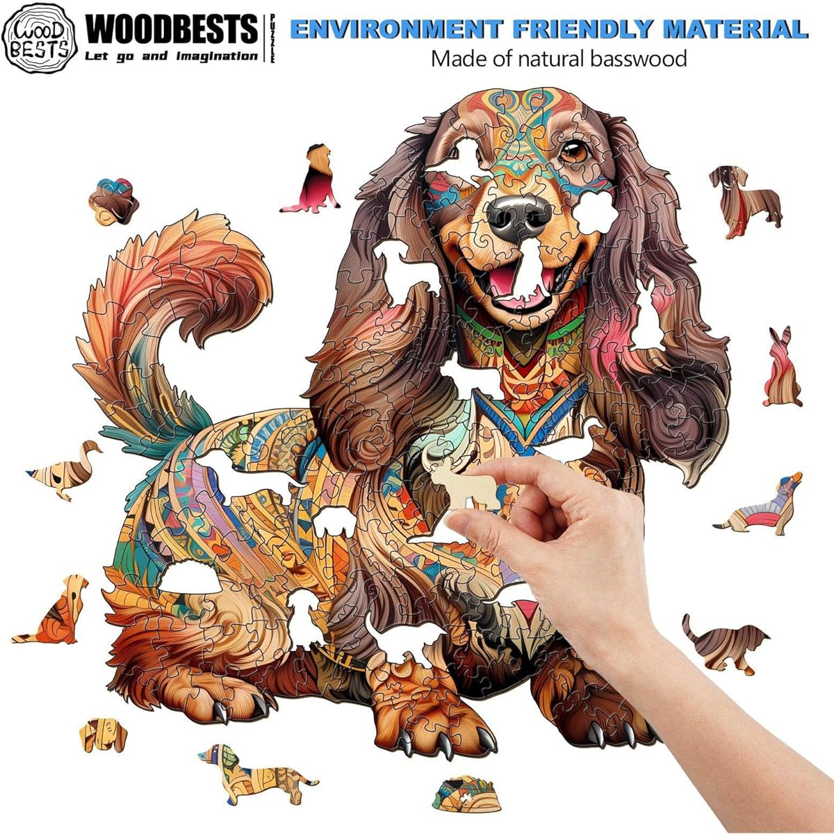 Wooden Jigsaw Puzzle Long Hair Dachshund Puzzle for Adults Unique Dog Shape Advanced Animal Wooden Puzzle Beautiful Wooden Box Birthday Gift for Kids Family Game (Lively Dachshund, M)