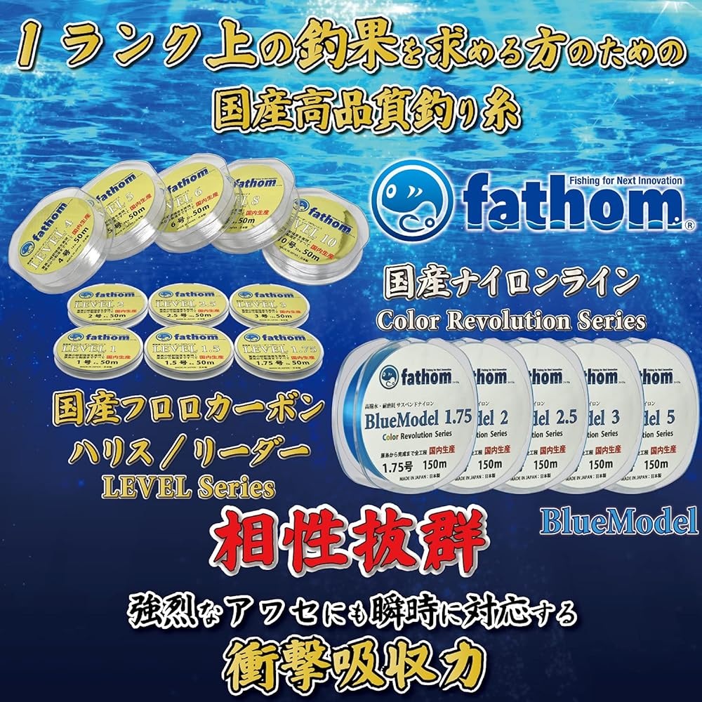 Fathom Nylon Line Road Line Suspended Type BlueModel 150m Made in Japan Fishing Line No. 1.75 No. 2 No. 2.5 No. 3 No. 5 Rock Fishing Boat Fishing