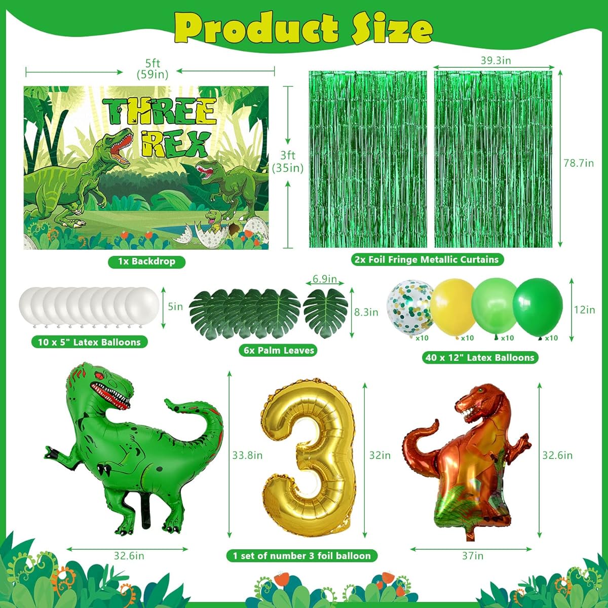 JUYRLE 3 Rex Birthday Party Decorations Boys Dinosaurs 3rd Birthday Party Decoration Supplies with Balloons Garland Arch/Background/Foil Curtain 3 Rex Dinosaurs 3 Year Old Boy Decorations