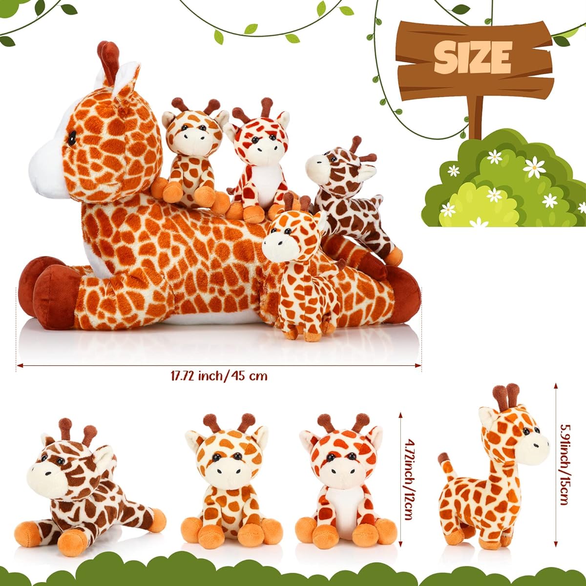 Honoson 5 Piece Giraffe Plush Toy Set, 18" Large Mummy Giraffe Stuffed Animals with 4 Cute Baby Giraffes with Zipper, Soft Belly Cuddly Giraffes for Boys Girls Birthday Favors Woodland Party Decorations (Globelle)