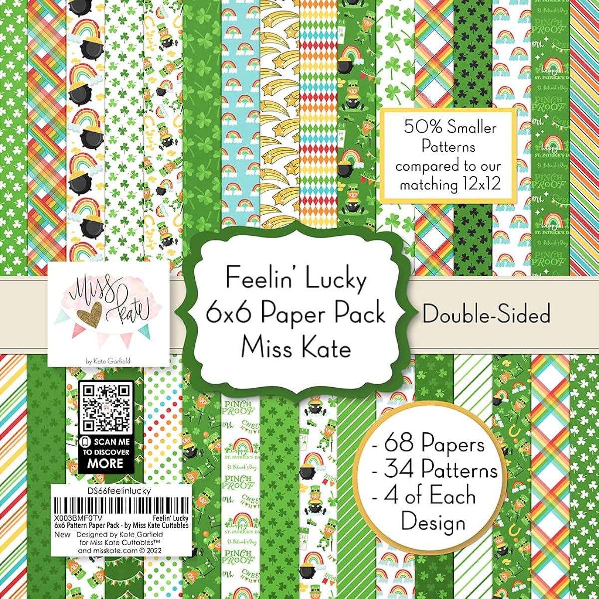 6x6 Pattern Paper Pack - Feelin Lucky - For St. Patrick's Day Irish - 64 Double-Sided 6x6 Inch Sheets - 4 of 32 Patterns - 50% Smaller Patterns - Scrapbook Premium Specialty Paper - Miss Kate