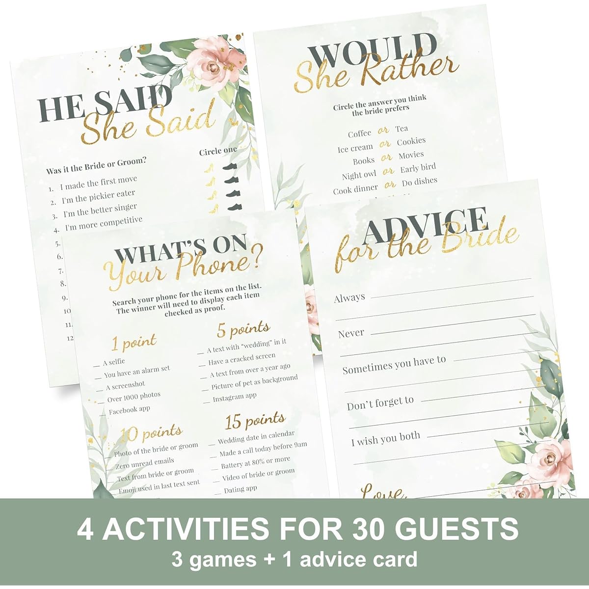 Bridal Shower Game + Advice Cards - For 30 People - Double-Sided Cards 4 Activities 3 Games + 1 Advice Card - Green Floral Wedding Shower Game with Gold Metallic Details Set of 4