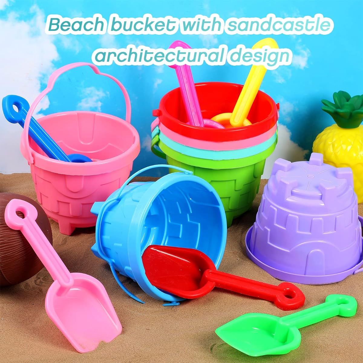 Set of 30 5.5'' Beach Pail Sand Shovel Set Sandcastle Building Sand Bucket 6 Colors Plastic Bucket with Sandcastle Design Inside for Boys and Girls