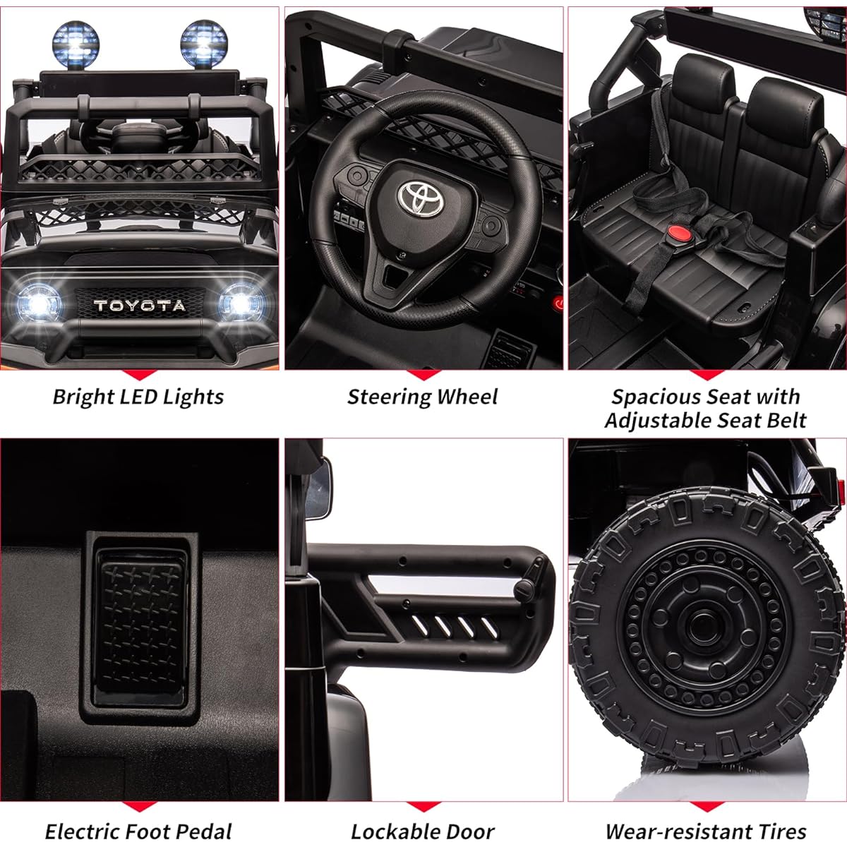 12V Ride-on Car for Kids Toyota Licensed Ride on Truck Battery Powered Electric Kids Car with Remote Control Music LED Light Suspension System Double Door Safety Belt Ride-on Toy Black