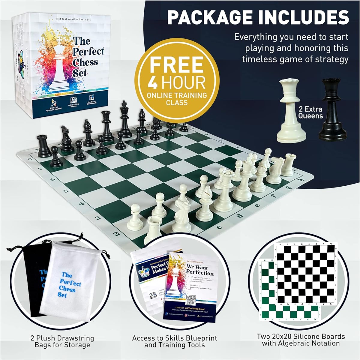 Perfect Chess Set Tournament Chess Set 20" x 20" 2 Foldable Silicone Boards Triple Weight Staunton Pieces Carry Box and Bag Classic Heavyweight Edition