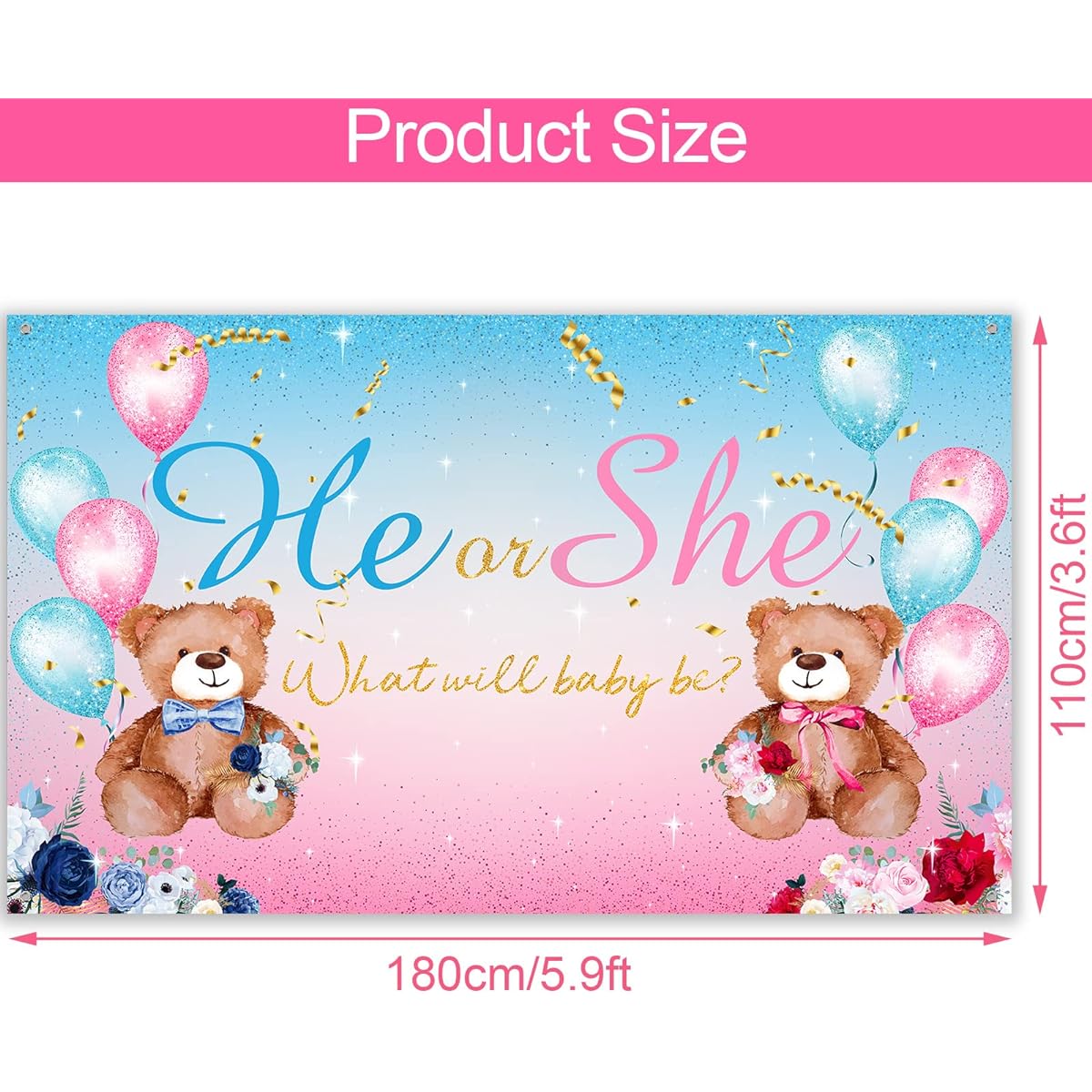 Gender Reveal Backdrop His or Her Party Banner Boy Girl Teddy Bear Background Pink or Blue Photo Backdrop Party Decorations 6 x 60 ft