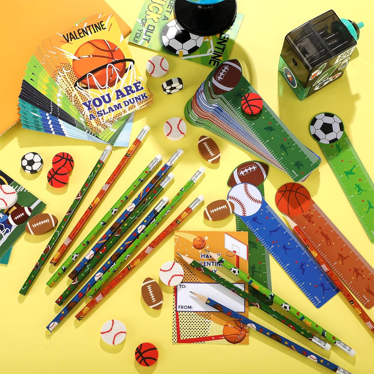 ReliThick 128pcs Valentine's Day Gifts, Stationery Supplies Set for Kids, Classroom Exchange Gifts, Valentine Goodie Bags, Football, Soccer, Basketball Pencil Erasers, Sports Party Favors