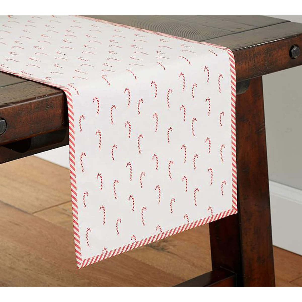 Fennco Styles Bon Bon Collection Holiday Candy Cane Striped Trim 100% Cotton 16 x 72 Inch Table Runner - Red Table Runner for Christmas Dinners, Family Gatherings, Special Events, Home Decor