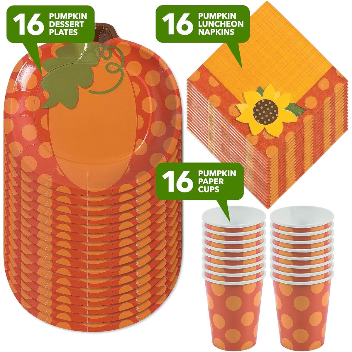 Pumpkin Party Supplies – Plates, Cups, and Napkins for a Fall Party (16 people)