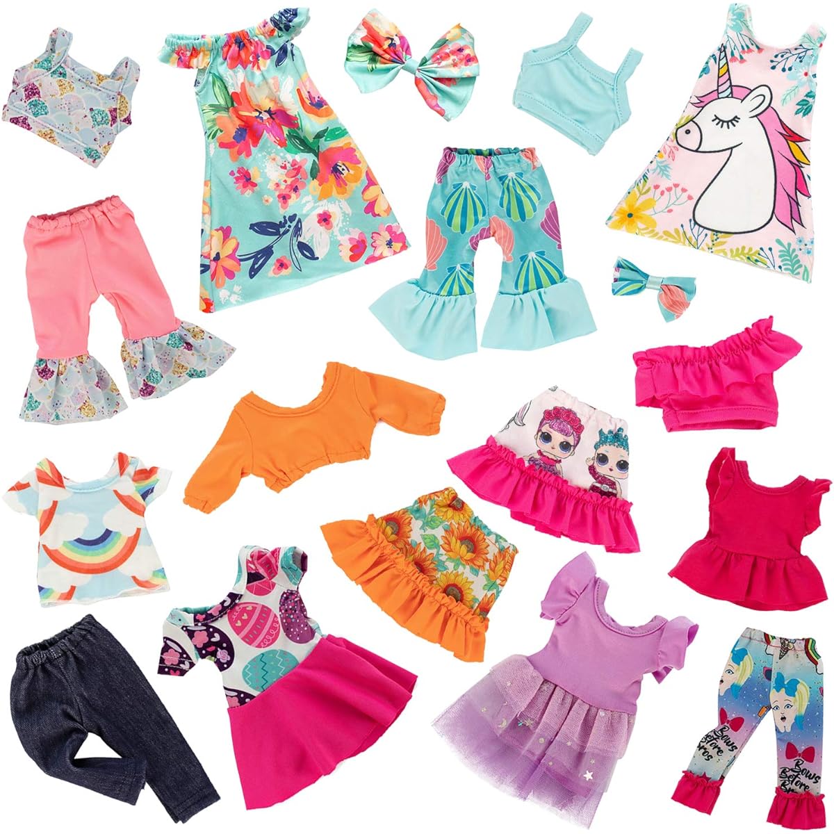 Ecore Fun 10 Sets 14.5" Doll Clothes Dress Pajamas Hair Clips for 15" Girl Doll