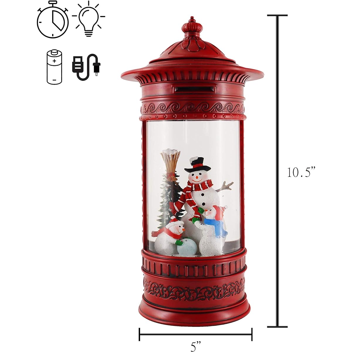 Victory Creative Snowman Family Lighted Postbox Snow Globe Spinner 10.5" Swirling Glitter Battery Powered Timer & USB