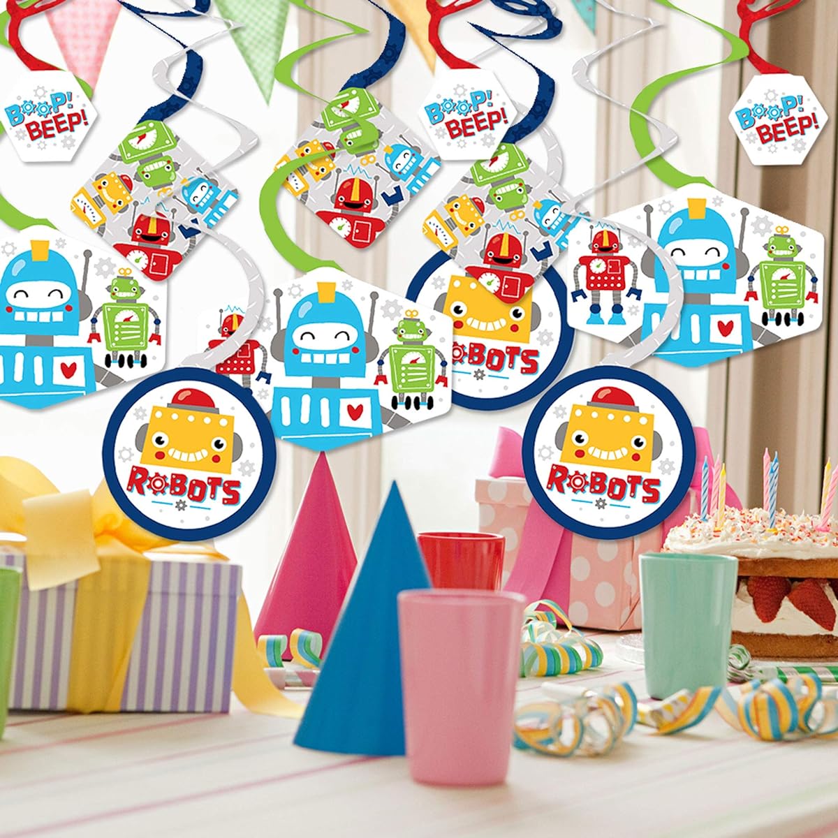 Big Dot of Happiness Gear Up Robots - Birthday Party or Baby Shower Hanging Decorations - Party Decoration Swirls - Set of 40