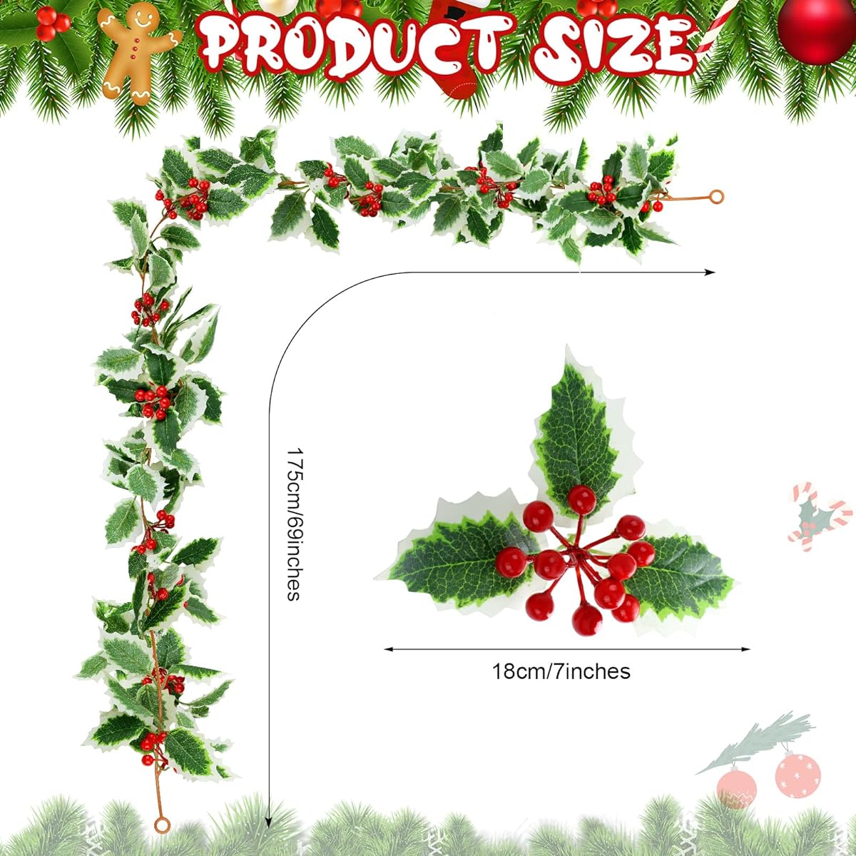 WILLBOND 3 Pieces Christmas Garland Red Berry Green Garland 5.7ft Artificial Christmas Red Berry Flower Vine Winter Holly Leaf Garland Outdoor Christmas Fireplace Home Decoration (Fresh Style)