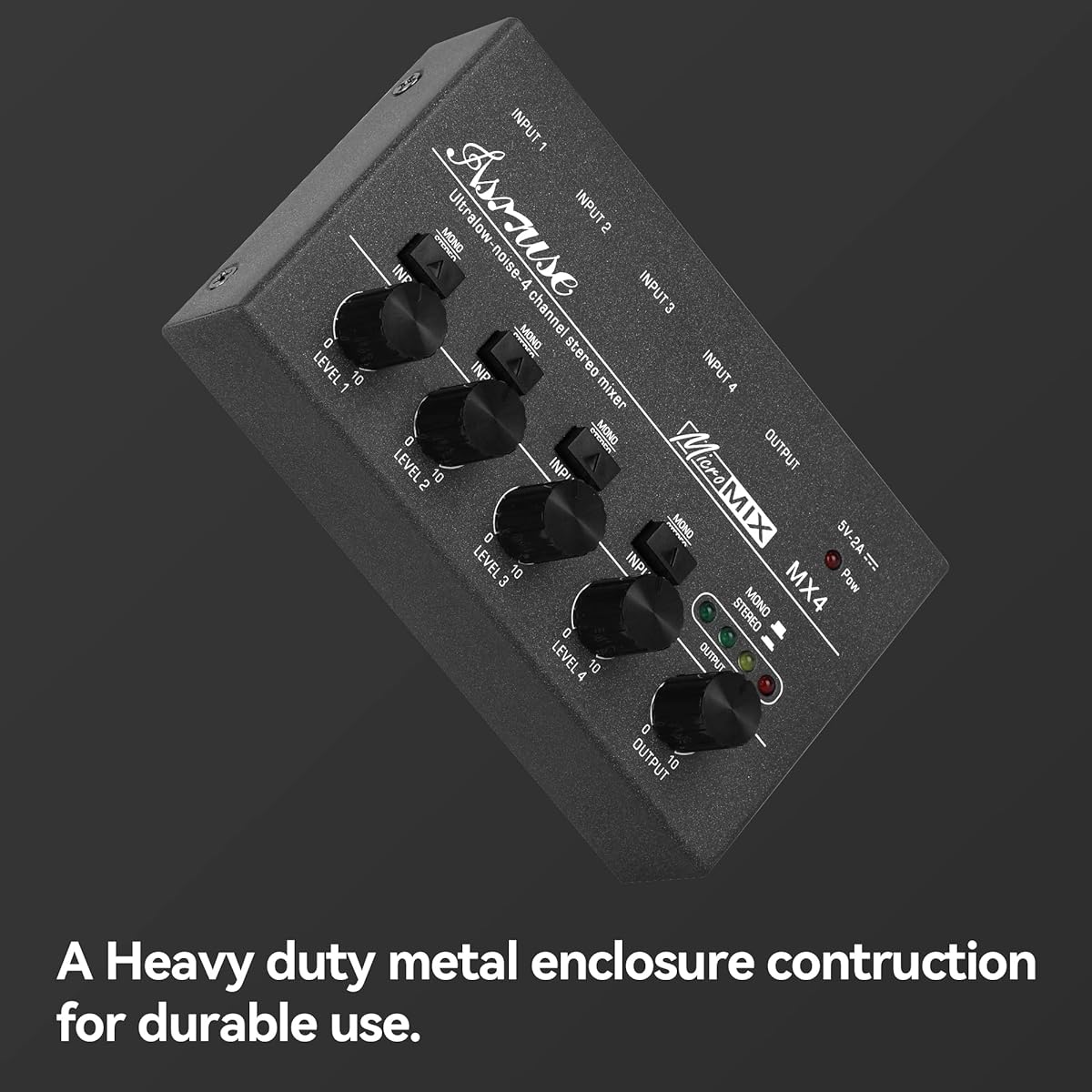 Asmuse 4 Channel Audio Mixer, Low Noise Mini Stereo Line Mixer, DC 5V Power Mixer, Guitar, Microphone, Keyboard Mixer.