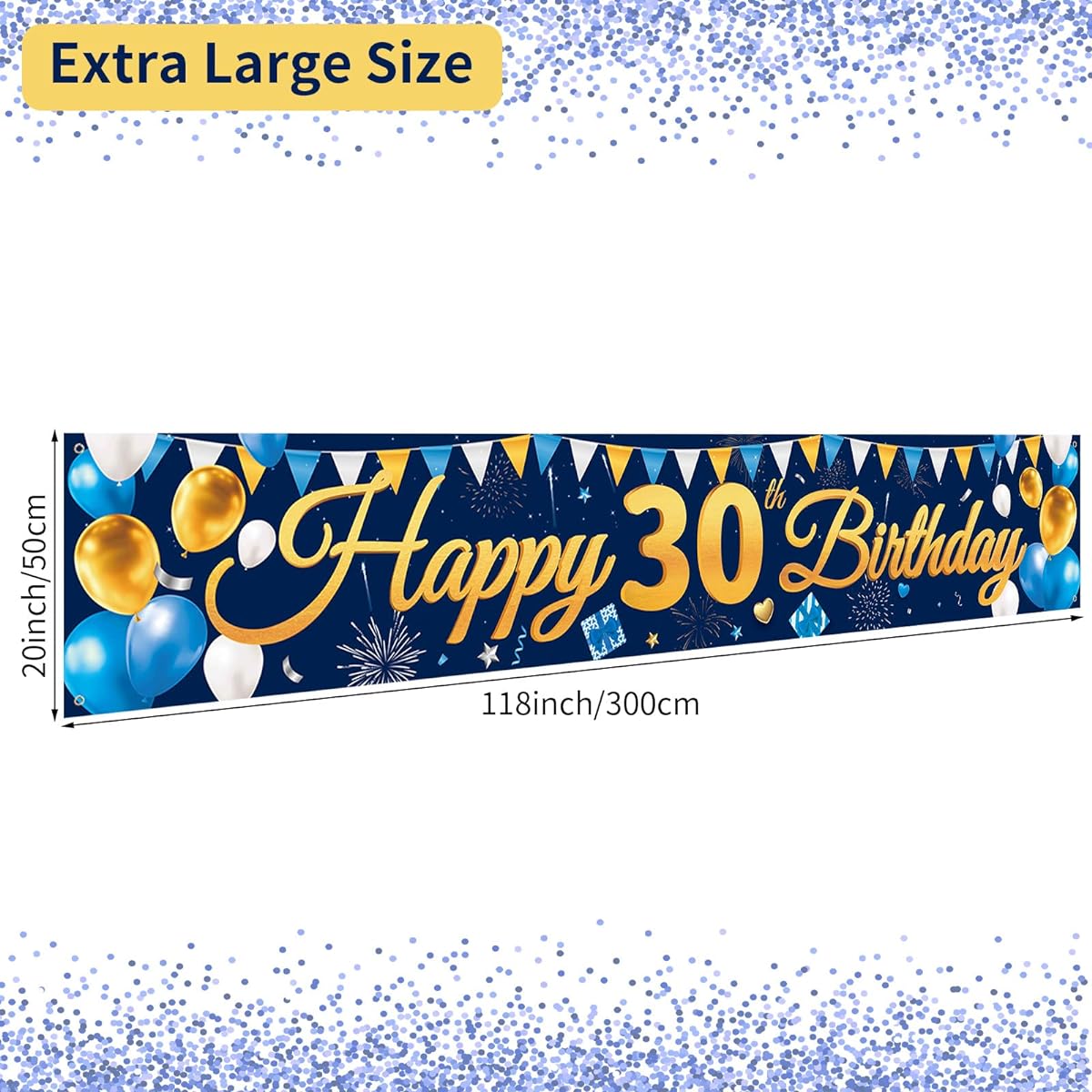 Large Happy 30th Birthday Banner Backdrop Blue Gold 30th Birthday Sign 30 Years Party Decorations Supplies for Men Wall Patio 118" x 20"