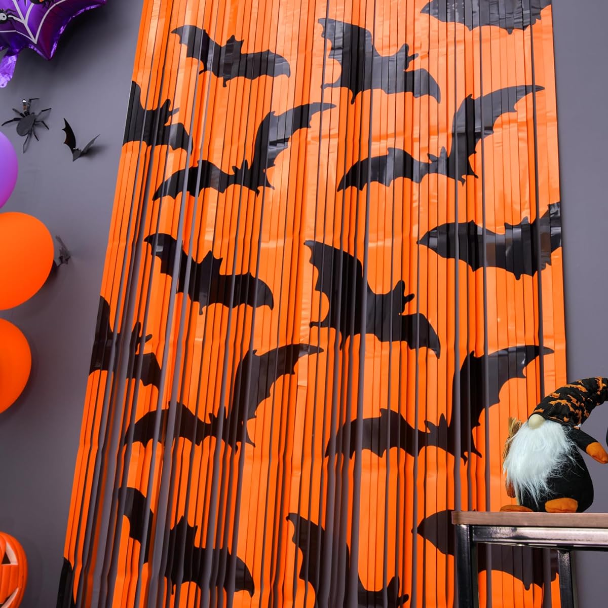 Mega-L Halloween Party Decorations, 2 Pack Black Bat Pattern Orange Backdrop Photo Booth Props 3.3 x 6.5ft Halloween Foil Fringe Curtains Halloween Photo Background Streamers Party Supplies