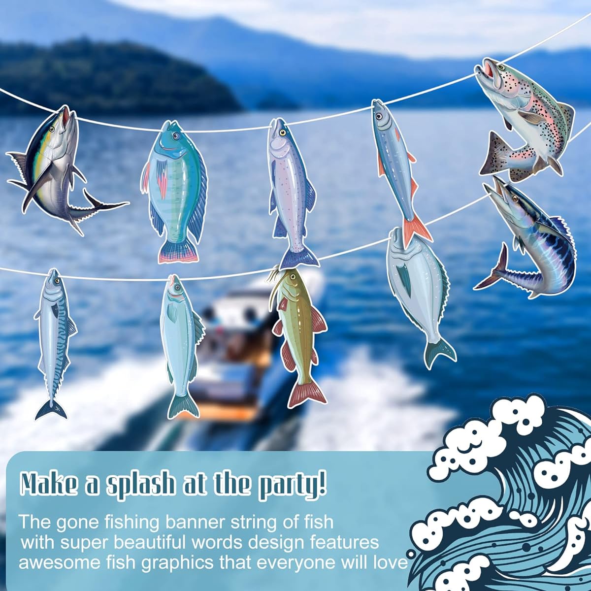 2 Line Fish Party Decorations,Gone Fishing String Hanging Banner,Fish Birthday Decorations,Retirement Party Decorations,Fish Birthday Party Supplies,Outdoor Saltwater BBQ Party Decorations