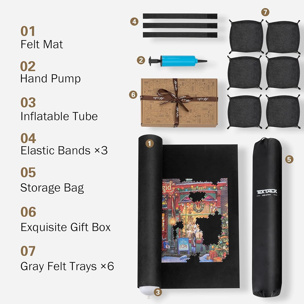 Tektalk Large Capacity Design with 6 Felt Sorting Trays Jigsaw Puzzle Roll Up Mat in Delicate Packaging Box with Hand Pump 2000 1500 1000 500 Jigsaw Puzzle Pieces