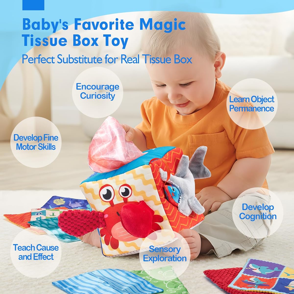 hahaland Baby Tissue Box Toy - Baby Toys 6 to 12 Months Montessori Toys for Babies 6-12 Months with Textured Tails, Cloth Tissues, Crinkle, Squeaky Sounds, Mirror - Baby Sensory Toys