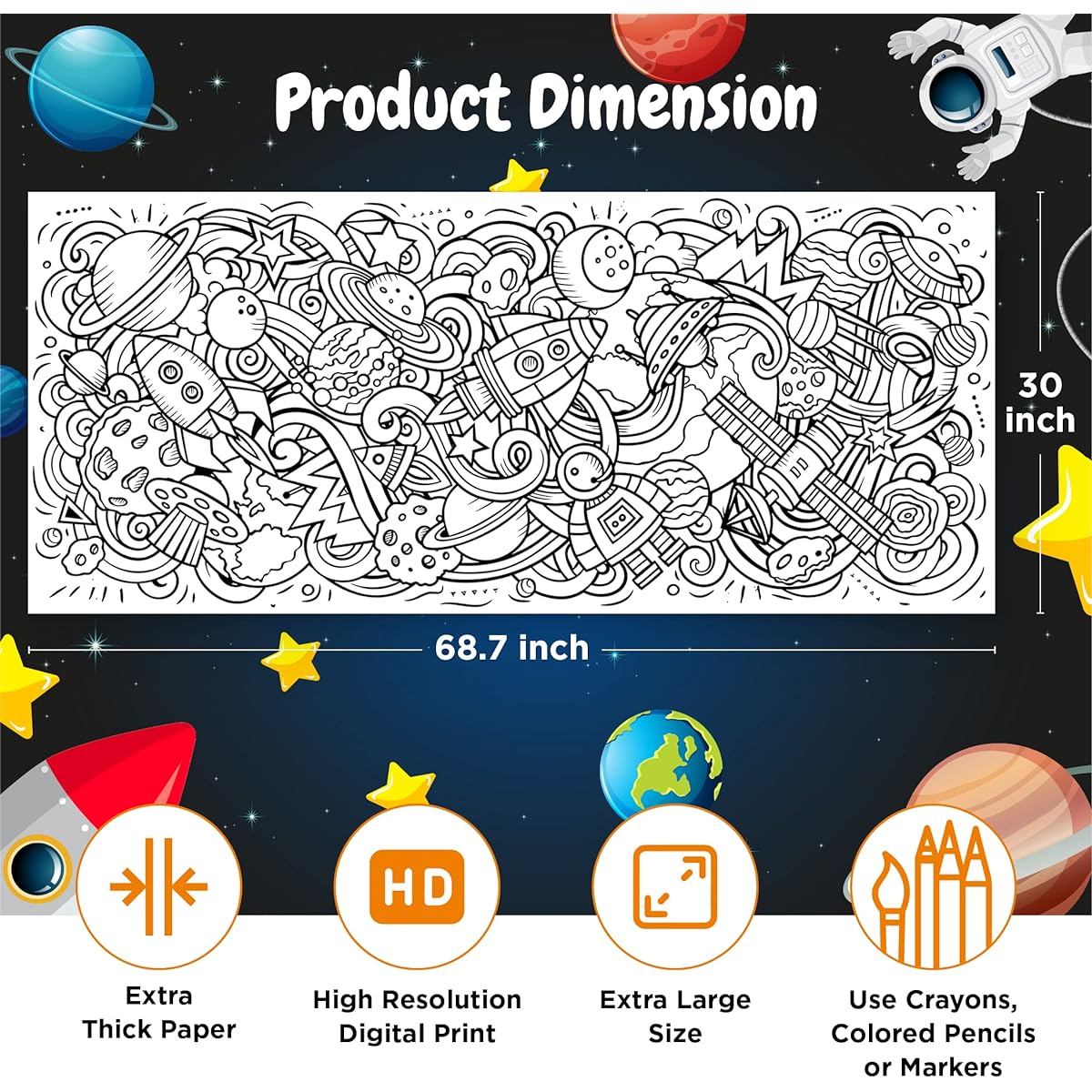 miMOODY Giant Coloring Poster Space Doodle Rolled Jumbo Coloring Poster 30" x 68" Fun Coloring for Adults/Kids/Family at Home/School/Party