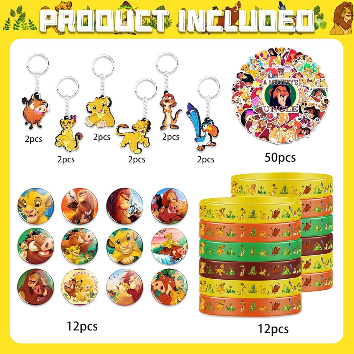 86pcs Cartoon Lion Party Favors Set Jungle Lion Silicone Bracelet Keychain Sticker Button Lion Theme Birthday Party Supplies Lion Goodie Bag Filler