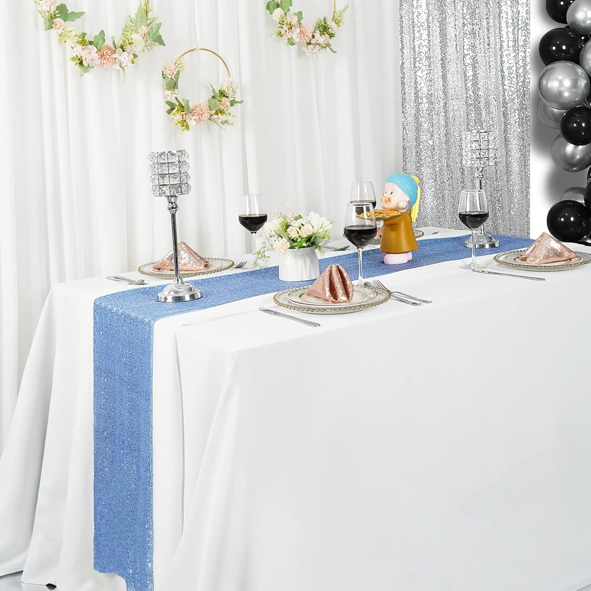 Poise3EHome Sequin Wedding Table Runner Glitz Baby Shower Party Cake Table Decorations (12x72-2pcs, Baby Blue)
