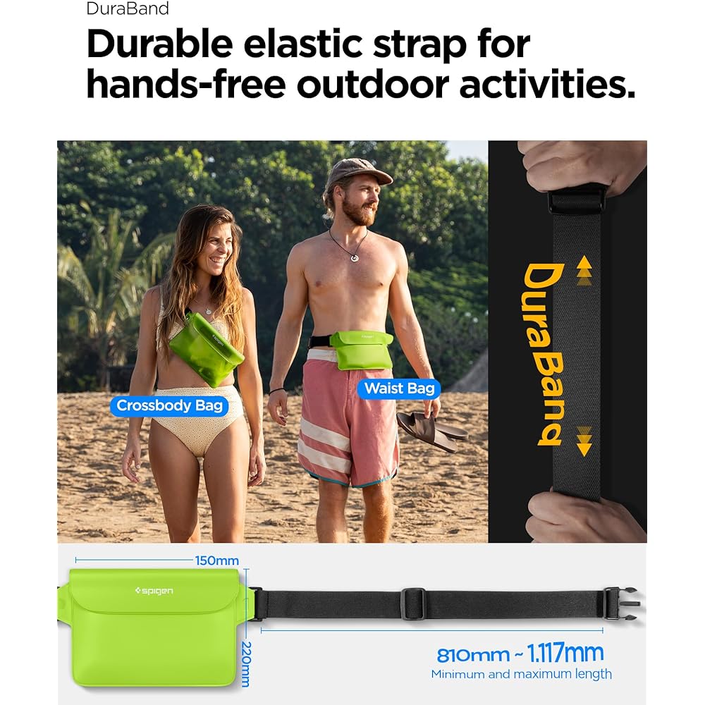 Spigen Waterproof Case, Accessories, Waterproof Pouch, Set of 2, Completely Waterproof, IPX8 Certified, Waterproof Case, Sea, Pool, Outdoor, Smartphone, Triple Chuck, Velcro, PVC, Large Capacity, Waist Pouch, Waterproof Bag, AMP06023 (Cactus Green)