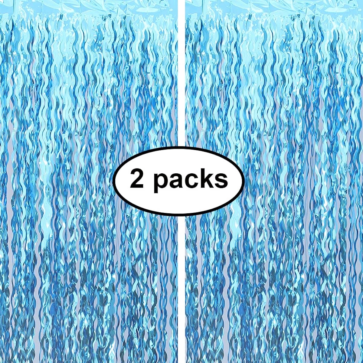 Wavy Tinsel Foil Fringe Curtains Photo Booth Props Mermaid Birthday Under the Sea Party Decorations (2 Pack 3.3ft x 6.5ft Teal Blue)